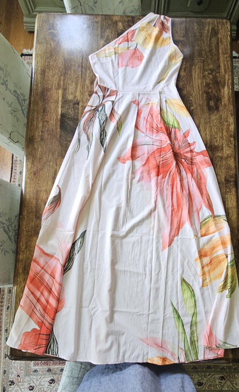 Light pink One-Shoulder Floral Maxi Dress with Coral & Green Print